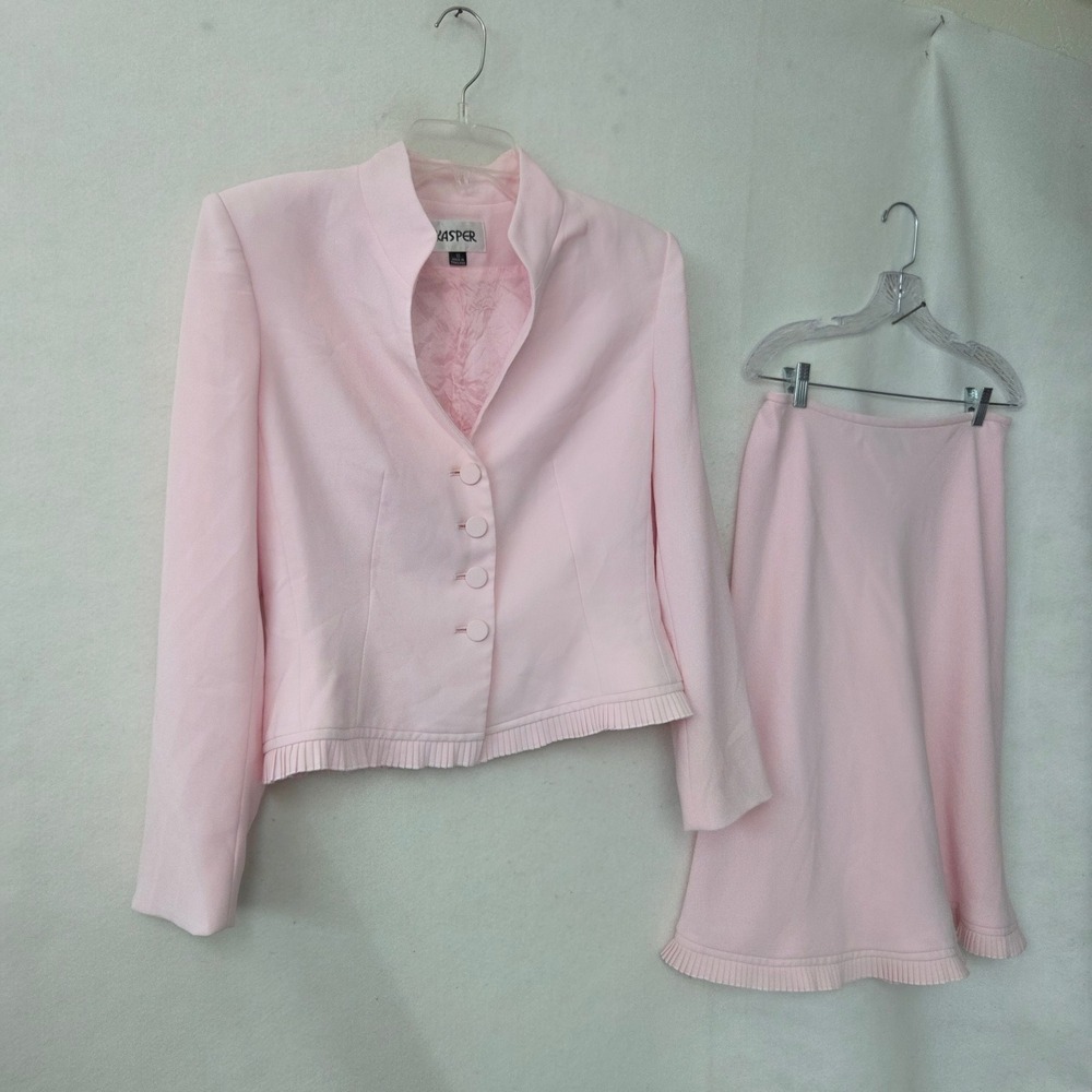 Kasper Skirt Suit Women 10 Pink Blazer A-Line Skirt Pleated Hem Vintage Style